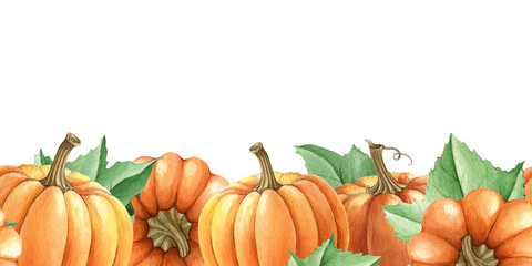 Pumpkin seamless border. Watercolor illustration. Hand drawn seamless border from orange autumn pumpkins, leaves. Bright thanksgiving harvest decor. Fall season decoration. White background