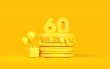 Happy 60th Birthday celebration cake with present and balloons. 3D Rendering