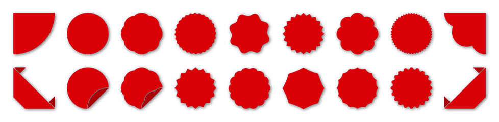 Price tags red sticker set. Isolated blank stickers label and ribbons on white background. Shopping promotional adhesive mark. Special offer, discount icons. Vector illustration.