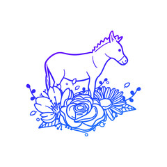 Obraz premium Donkey Rose Flower with Vintage Farm Animal Design. Equine Floral Frame Ornament Vector Style. Decoration Design Wreath Illustration.