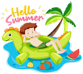 Obraz na płótnie Canvas Hello Summer font with a boy and beach items isolated