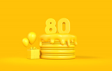 Happy 80th Birthday celebration cake with present and balloons. 3D Rendering