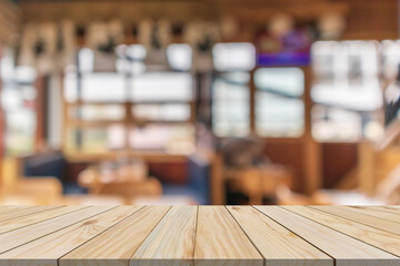 Empty wood table top with blurred Japanese restaurant background