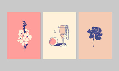 Modern aesthetic posters or greeting cards. Set of summer illustrations. Can be used for interior decor, wall art, tote bag, t-shirt print.
