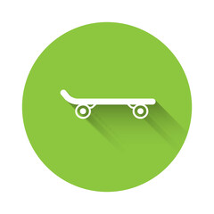 White Skateboard icon isolated with long shadow background. Extreme sport. Sport equipment. Green circle button. Vector