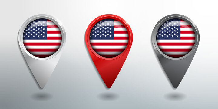 3D Pointer, Tag and Location Marker with Round Flag Nation of USA White, Red and Grey Glossy Model