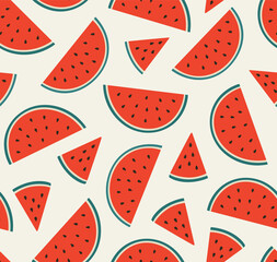 Seamless pattern of slices of watermelons, isolated on a beige background. Hand-drawn berry in flat style. Suitable for illustrating healthy eating, recipes, local farm, summertime.