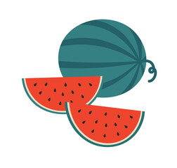 Vector illustration of watermelon and two halves of watermelon, on a white background. Hand-drawn berry in flat style. Suitable for illustrating healthy eating, recipes, local farm, summertime.