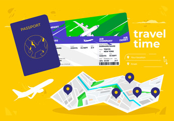 Vector illustration of a citizen's passport with plane tickets, travel time, paper map of the area, marks on the map