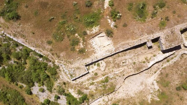 Stone ruins of ancient town of Asseria in Dalmatia, Croatia. Overhead view, zoom in.