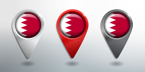 3D Pointer, Tag and Location Marker with Round Flag Nation of Bahrain White, Red and Grey Glossy Model