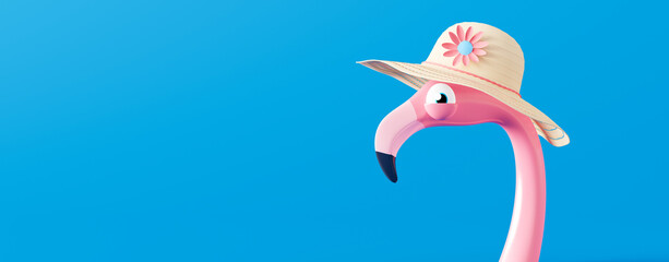 Funny pink flamingo with hat on blue background. 3D Render 3D illustration
