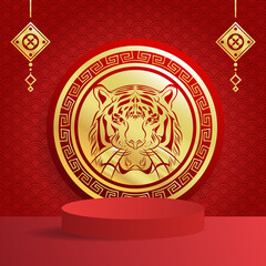 Happy Chinese new year 2022 year of the tiger gold and Asian with minimal product display for the show, elements on red background  for online content in the new year 2022, illustration Vector EPS 10