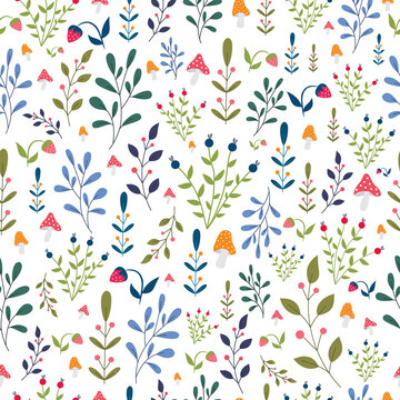summer seamless pattern with plants, berries, mushrooms, branches. for textile, background, wallpaper 