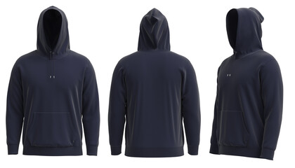4K 3D rendered images of  Blank navy hoodie template. Hoodie sweatshirt long sleeve with clipping path, hoody for design mockup for print, isolated on white background.	