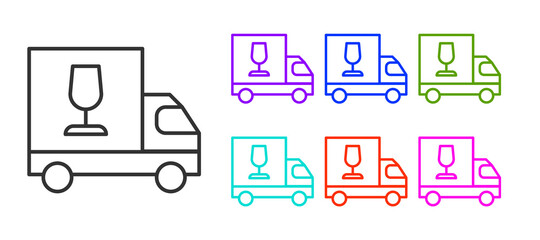 Black line Wine truck icon isolated on white background. Fast delivery. Set icons colorful. Vector