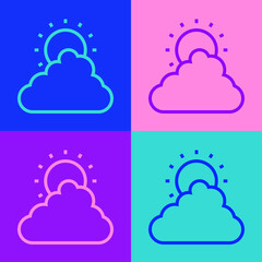 Pop art line Sun and cloud weather icon isolated on color background. Vector