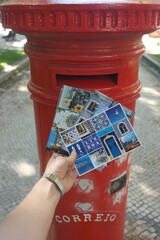 Friendship portuguese souvenirs: long-awaited postcards from Lisbon, set of letters in the hand,...