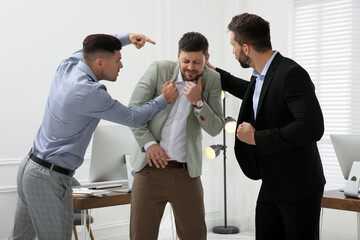 Emotional colleagues fighting in office. Workplace conflict