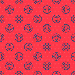 Blue line Sun icon isolated seamless pattern on red background. Vector