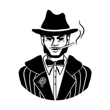  A black silhouette man in a hat smoking cigarette. Mafia style wearing, bow tie, jacket coat with stripes, flower. Criminal gentelman branding logo, Vector icon, game. Isolated on a white background.