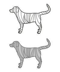 Dog on white. Hand drawn abstract outlined animal on isolated background. Abstract ornate character. Different color options. Black and white illustration