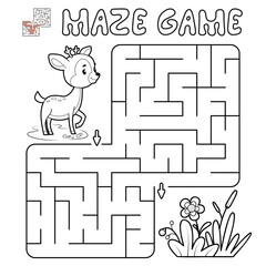 Maze puzzle game for children. Outline maze or labyrinth game with deer.
