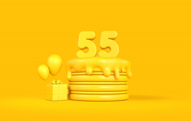 Happy 55th Birthday celebration cake with present and balloons. 3D Rendering