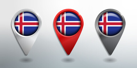 Fototapeta premium 3D Pointer, Tag and Location Marker with Round Flag Nation of Iceland White, Red and Grey Glossy Model