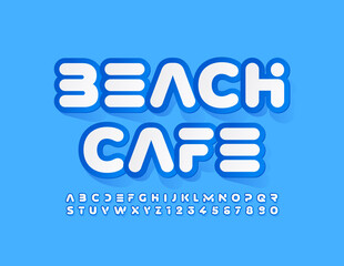 Vector trendy logo Beach Cafe. Sticker set of Alphabet Letters and NUmbers. Creative abstract Font