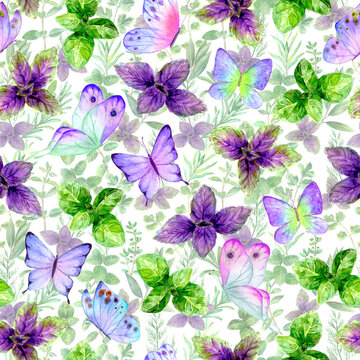Fragrant kitchen culinary herbs spices basil leaves and butterflies watercolor seamless pattern