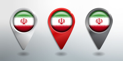 3D Pointer, Tag and Location Marker with Round Flag Nation of Iran White, Red and Grey Glossy Model