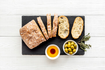 Italian food appetizer with bread and olive oil balsamic vinegar