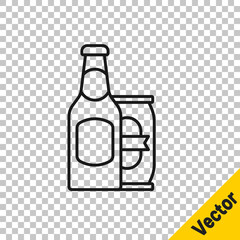 Black line Beer bottle and beer can icon isolated on transparent background. Vector