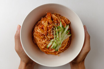 Seasoned noodles on a white background