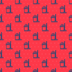 Blue line Mop and bucket icon isolated seamless pattern on red background. Cleaning service concept. Vector