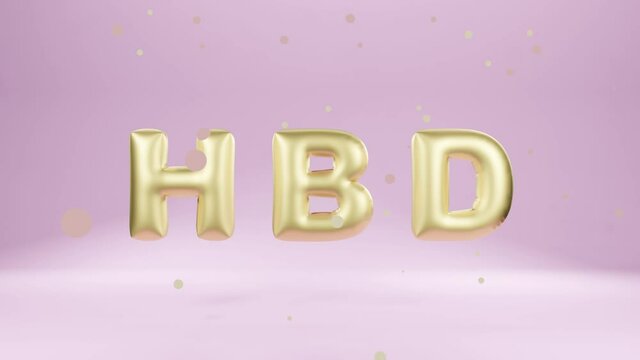 Happy Birthday greeting card motion. Golden balloon sparkling animation on pink background. 3D rendering image.