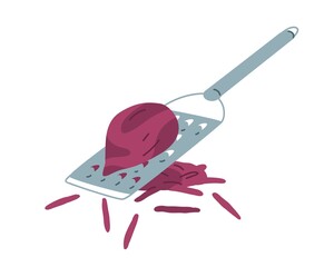 Vegetable grating with metal hand grater. Preparing beet ingredient for cooking, shredding it into straw pieces. Rubbing beetroot over sharp tool. Flat vector illustration isolated on white background