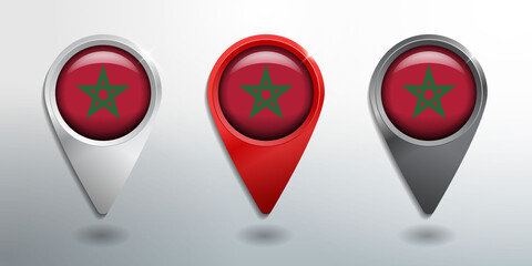 3D Pointer, Tag and Location Marker with Round Flag Nation of Morocco White, Red and Grey Glossy Model