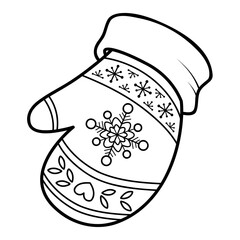 Christmas coloring book or page. Mittens black and white illustration