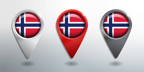 Fototapeta premium 3D Pointer, Tag and Location Marker with Round Flag Nation of Norway White, Red and Grey Glossy Model