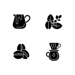 Coffee preparation black glyph icons set on white space. Milk pitcher for barista. Raw beans. Roasted arabica. Drip with filter. Espresso making. Silhouette symbols. Vector isolated illustration