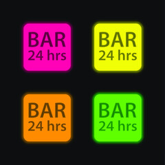 Bar 24 Hours Rounded Square Signal four color glowing neon vector icon