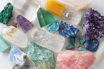 Background of beautiful crystals and colorful gemstones