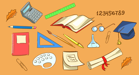 school supplies in bright colors. Subjects for school classes. Rulers, Calculator, Glasses, Scroll, Book, Notebook, Pencil, Pen, Brush, Palette, Notepad