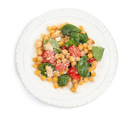 Plate with delicious fresh chickpea salad isolated on white, top view