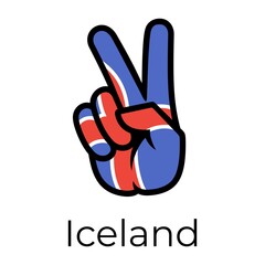 Iceland flag in the form of a peace sign. Gesture V victory sign, patriotic sign, icon for apps, websites, T-shirts, souvenirs, etc., isolated on white background