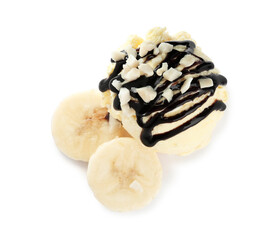 Delicious banana ice cream with chocolate topping and fresh fruit on white background, top view
