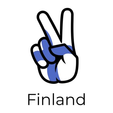 Finland flag in the form of a peace sign. Gesture V victory sign, patriotic sign, icon for apps, websites, T-shirts, souvenirs, etc., isolated on white background