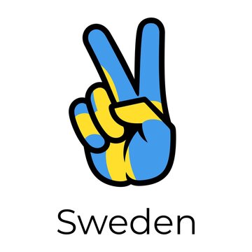 Sweden flag in the form of a peace sign. Gesture V victory sign, patriotic sign, icon for apps, websites, T-shirts, souvenirs, etc., isolated on white background